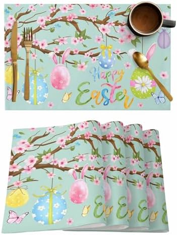 Happy Easter Placemats Set of 6, Spring Floral Bunny Rabbit Ear Eggs Heat Resistant Dining Table Mats Holiday Farmhouse Decor for Kitchen&Linens Outdoor Indoor, Pink Flower Branch Green Leaves