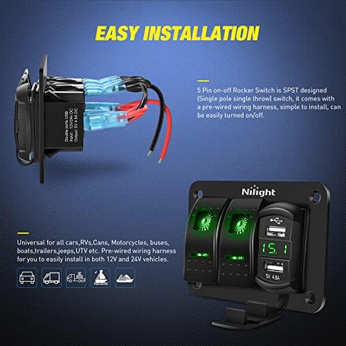 Nilight 2 Gang Rocker Switch Panel with Dual USB Socket Voltmeter