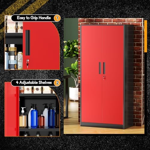 Greenvelly Metal Garage Storage Cabinet with Lock, 72" Metal Storage Cabinet with 2Doors and 4Adjustable Shelves, Steel Tool Cabinet for Home Office, School,Gym (Black&Red)