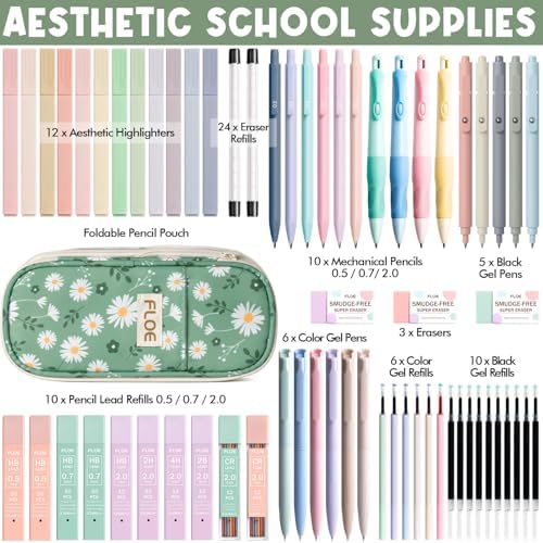 65PCS Aesthetic School Supplies Back to School Supplies Cute Stationary Set | College Essentials Kit with Pencil Case, Pastel Highlighters Gel Pens Mechanical Pencil Set 0.5 0.7 & 2.0mm for Student Girls