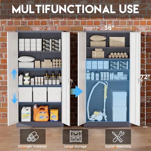 Greenvelly Metal Garage Storage Cabinet, Locking Steel Cabinet with 2 Doors and 4 Adjustable Shelves, Metal Tool Cabinets, Lockable File Cabinet for Home Office, Garage, School (Gray White)