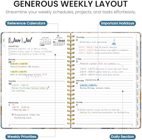 Planner 2026-2027, Monthly & Weekly Jul 2026-Jun 2027 Calendar Book | 6.3" x 8.5", Hardcover Spiral Planner with Tabs, School & Daily Pretty Agenda for Women, Students, Teachers, Soft Florals