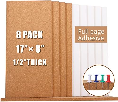 Cork Bulletin Board 17"x8" - 1/2" Thick Cork Board Tiles Frameless Cork Tiles, Self-Adhesive Corkboards Wall Decor Bonus Pushpins (8pack) for Office, School and Home