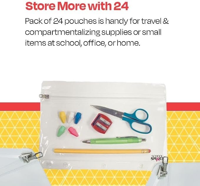 School Smart Zippered Ring Binder Pouches, 7 x 10 Inches, Clear and White Vinyl, Pack of 24