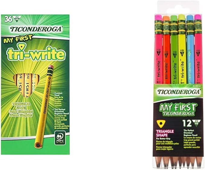 Ticonderoga® Tri-Write Beginners' Pencils With Erasers, #2 Soft, Yellow Barrel, Pack Of 36 & My First Tri-Write Wood-Cased Pencils, Neon Colors, 12 Count (X13012)
