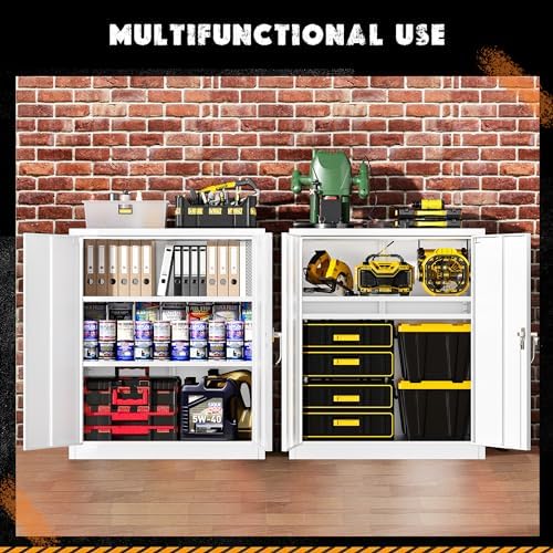 Greenvelly Metal Garage Storage Cabinet, Lockable Metal Cabinets with 2 Doors and Shelves,36”Steel Storage Locking Counter Cabinet for Office,Garage,Kitchen,Home,School(White)