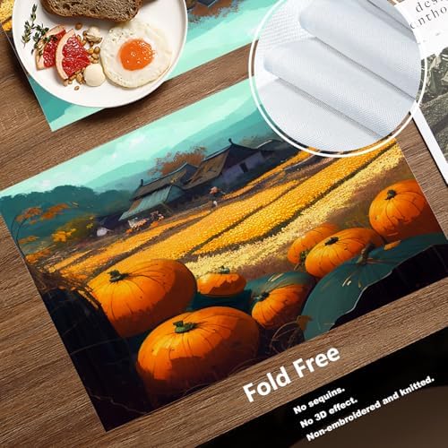 Batmerry Happy Thanksgiving Day Linen Placemats Set of 4,Pumpkin Harvest Golden Rice Fields Villages Washable Table Mats for Kitchen Table Thickened Heat Insulation Dining Set in & Out 12X18 in