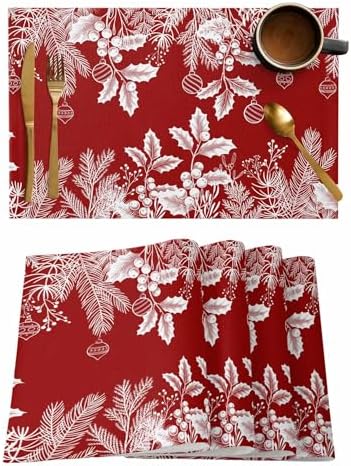 Red Christmas Placemat 1PC, Floral Pine Leaf Xmas Balls Heat Resistant Washable Table Place Mats White Winter Holidays Cotton Table Linens Party Holiday Decor for Kitchen Dining Outdoor Indoor