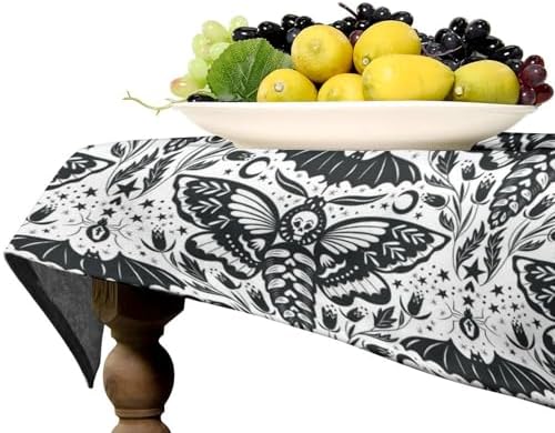 Boho Moth Tablecloth, Gothic Mysterious Halloween Black White Death Butterfly Bat Witch Print Table Cloth for Kitchen Dining Picnic Party Restaurant Decoration 60x120in