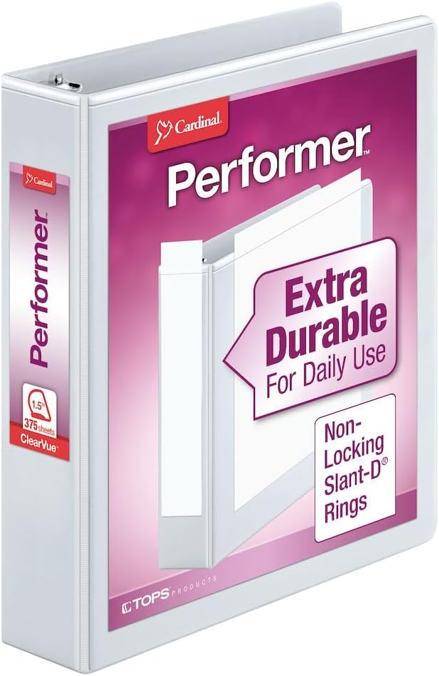 Cardinal Performer 3-Ring Binder, 1.5", Non-Locking Slant-D Rings, 375-Sheet Capacity, ClearVue Presentation Binder, PVC-Free, White (17400CB)