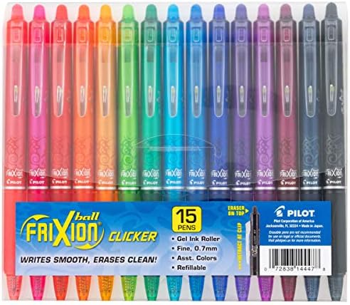 PILOT FriXion Clicker Erasable, Assorted Color Inks, 15-Pack Pouch