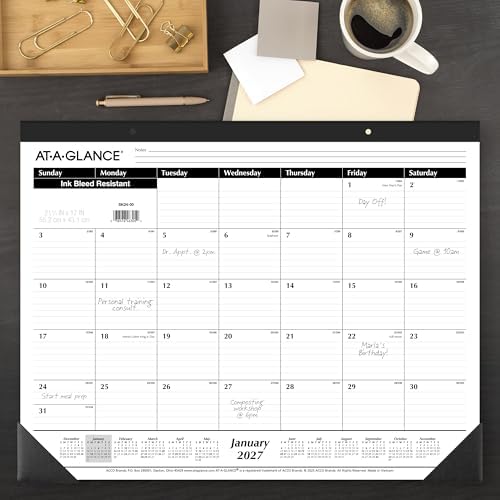AT-A-GLANCE 2027 Desk Pad Calendar, Monthly Desk Wall Planner, 21.75" x 17", Ruled Blocks (SK240027), White