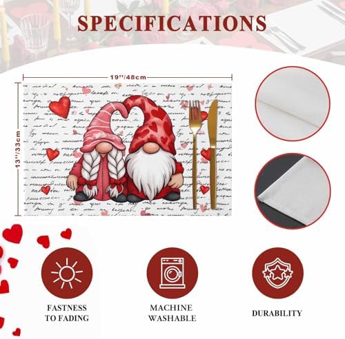 Valentine's Day Placemats Set of 4, Gnome Couple Place Mats Washable Dining Table Mats Wedding Anniversary Party Romantic Valentines Decor for Kitchen&Linens Outdoor Indoor, Red Love Heart Letter