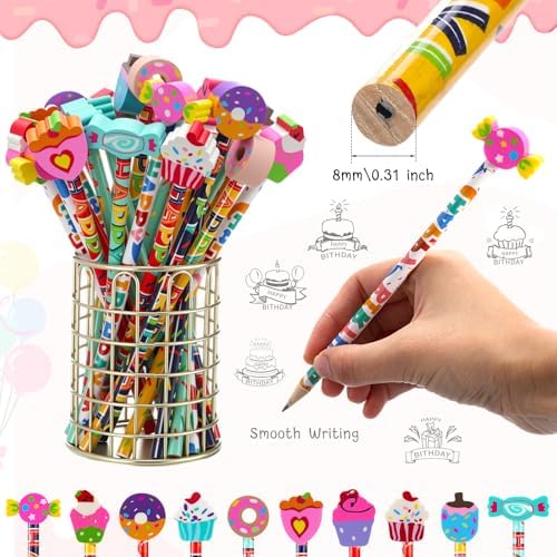 Kosiz 300 Piece Happy Birthday Pencil Party Favor Set, 150 Birthday Pencils with 150 Cake Eraser Toppers, Bulk Game Rewards Prize, Goodie Bag Stuffers, Party Supplies