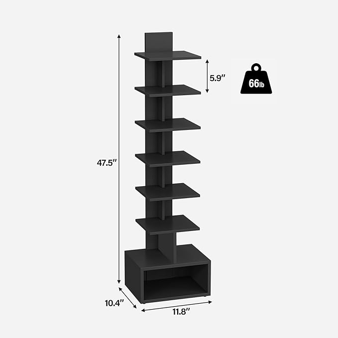TUTOTAK Book Shelf, Narrow Spine Bookshelf, 8-Tier Bookcase for Small Space | 10.4 x 11.8 x 47.5 Inches Vertical Freestanding Corner Shelf for Living Room, Office, Study, Entryway, Black BS07BK008