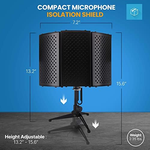Pyle Compact Microphone Isolation Shield – Portable Studio Mic Sound Dampening Foam Reflector with Adjustable Panels, Acoustic Foam, Tabletop Tripod Stand for Recording & Podcasts