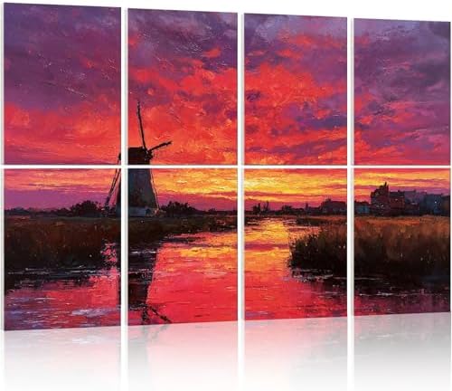 8 Pack Sunset Red Windmill Countryside Landscape Art Acoustic Panels Sound Absorbing Decorative Soundproof Wall Panels Self Adhesive for Recording Studios Office 48"x32"