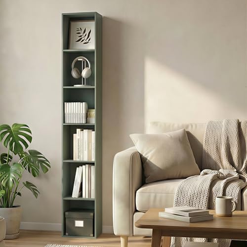 Furinno LUDER Book Shelf, 6-Tier Tall Modern Bookshelf, Bookcase with Open Shelves, 9.3 x 12 x 71, for Living Room, Bedroom, Home Office, Sage Green