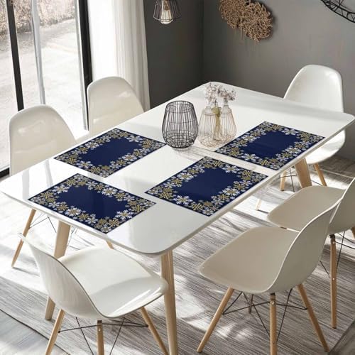Gold White Snowflakes Christmas Placemats Set of 4, Winter Xmas Holiday Heat Resistant Washable Table Place Mats Navy Blue Cotton Table Linens Party Holiday Decor for Kitchen Dining Outdoor Indoor
