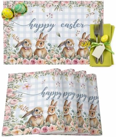Rabbits Flowers Easter Placemats Set of 6, Eucalyptus Leaf Spring Heat Resistant Washable Dining Table Mats Grey White Buffalo Plaid Farmhouse Holiday Decor for Kitchen&Table Linens Outdoor Indoor