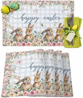 Rabbits Flowers Easter Placemats Set of 6, Eucalyptus Leaf Spring Heat Resistant Washable Dining Table Mats Grey White Buffalo Plaid Farmhouse Holiday Decor for Kitchen&Table Linens Outdoor Indoor