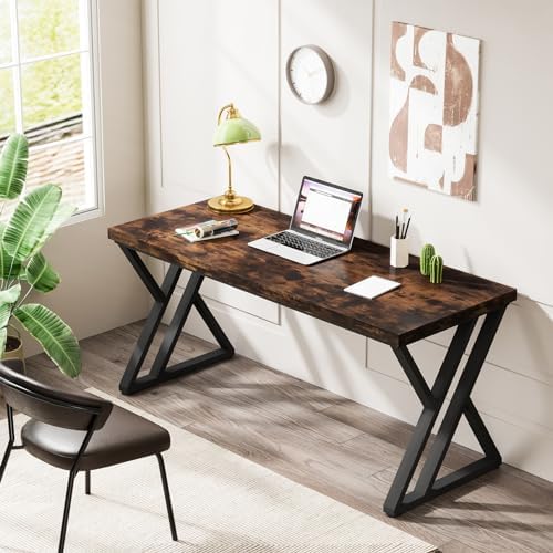 Tribesigns Writing Computer Desk, 55 inch Heavy Duty Study Desk with Z-Shaped Metal Leg, Modern Simple Home Office Computer Desk, Rustic Brown