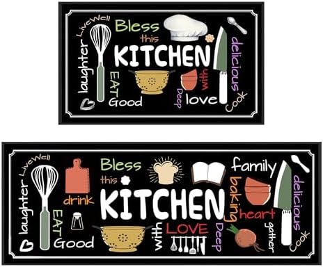 Utensils Kitchen Rugs for Floor 2 Piece Sets, Chef Love Floor Mat for Kitchen, Utensils Kitchen Rug in Front of Sink for Standing for Italian Kitchen Decor 17"X30"+17"X47"