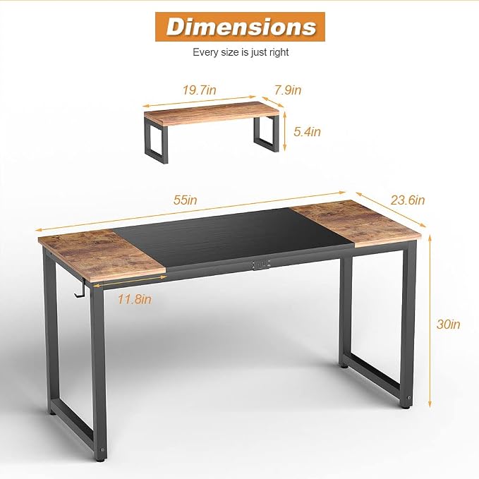 PayLessHere Computer Desk with Monitor Riser Writing Large Table Home Office Hook Modern Student Study Desk with Stable Structure, Nature