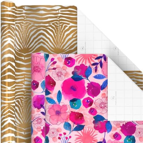 Hallmark Wrapping Paper Rolls for Birthday, Bridal Shower, Baby Shower, Gift Wrap Paper (Set of 6 Rolls: 180 sq. ft. ttl.) Butterflies, Gold Animal Print, Pink Flowers for All Occasions