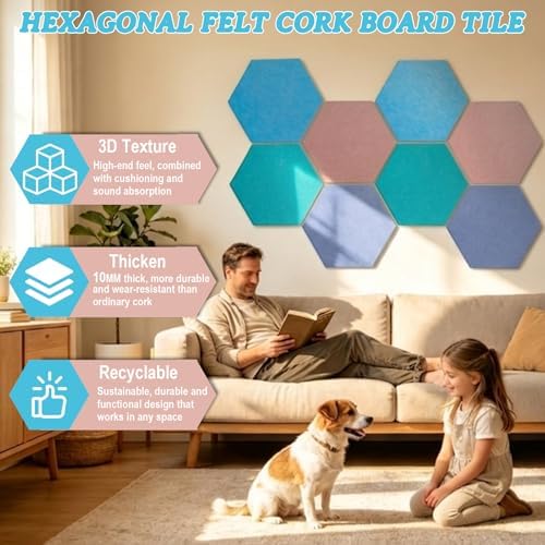 8 Pack Hexagon Cork Board Alternative for Walls Decor, 12" x 10" Self-Adhesive Felt Bulletin Board Tiles with 30 Pushpins, Acoustic Panels for Office,Classrooms (Macaron Fresh)
