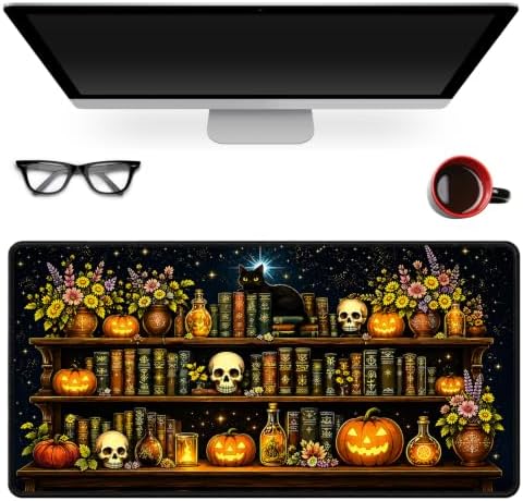 Pumpkin Bookshelf Large Mouse Pad, Black Cat Skull Desk Mat, 31.5"x15.75"