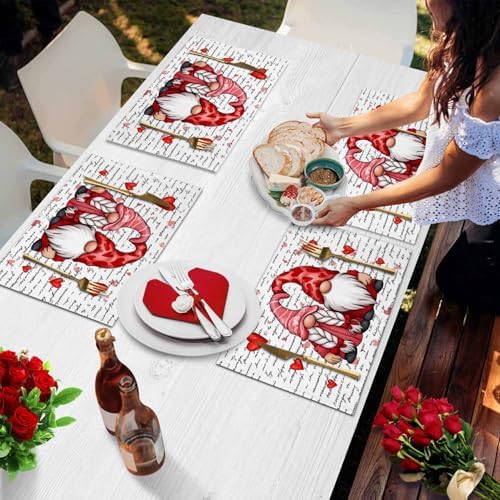 Valentine's Day Placemats Set of 4, Gnome Couple Place Mats Washable Dining Table Mats Wedding Anniversary Party Romantic Valentines Decor for Kitchen&Linens Outdoor Indoor, Red Love Heart Letter