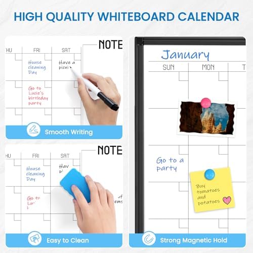 Large Calendar Whiteboard 48x36 Double-Sided Dry Erase for Wall, Black