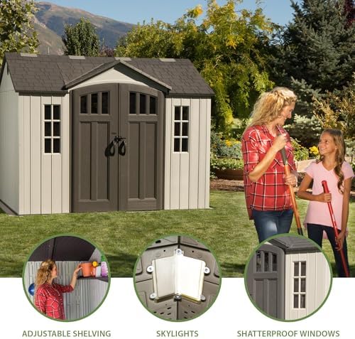 Lifetime 10×8 Ft. Outdoor Storage Shed, Dual‑Wall HDPE with Steel‑Reinforced Structure, Side‑Entry Doors with Windows, Skylight, Screened Vents, Adjustable Shelves, Slip‑Resistant Floor, UV‑Protected