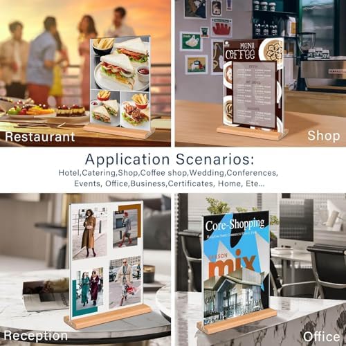Kersally Acrylic Sign Holder 8.5 x 11, 4 Pack Double-Sided Clear Vertical Table Display Stands with Wood Base,Acrylic Frame Menu Flyer Paper Holder for Stores, Restaurants, Hotels, Office, Show Fair