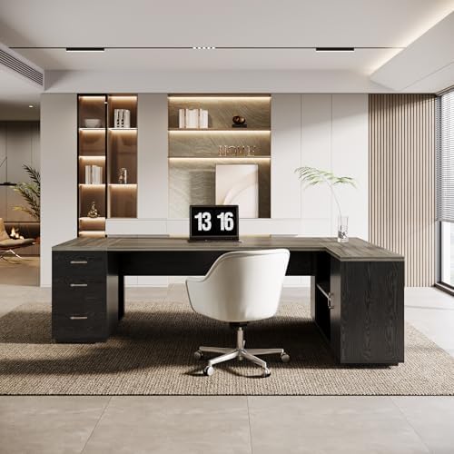 Tribesigns 85.8-Inch L-Shaped Executive Office Desk with File Drawers & Storage Cabinet, Professional Corner Computer Desk Extra Large Business Workstation with Adjustable Shelves (Gray&Black)