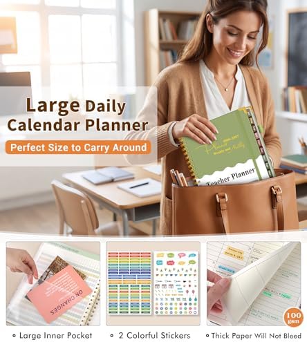 Teacher Planner 2026-2027, July 2026 - June 2027, Academic Weekly & Monthly Calendar Planner with Tabs, 8.5" x 11" A4 Teacher Lesson Plan Book with 7 Periods, Daily Agenda School Organizer for Teacher Student Homeschool, Green