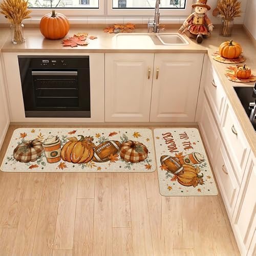 Baccessor Fall Kitchen Rugs Set of 2, Football Pumpkin Spice Latte Kitchen Mats for Floor Washable Low-Profile Farmhouse Autumn Holiday Home Indoor Outdoor Decor 17x29 and 17x47 Inch