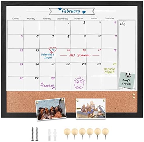Dry Erase Calendar Whiteboard for Wall, Combination Magnetic Dry Erase White Board & Bulletin Board, 23.6" x 31.5" Wood Framed Calendar/Cork Combo Board(BK-6080)