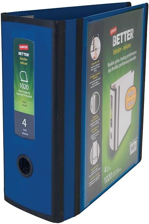 Staples Better 4-Inch D-Ring View Binder, Blue, 800 Sheets | Reinforced spine for high-capacity office and school document storage.