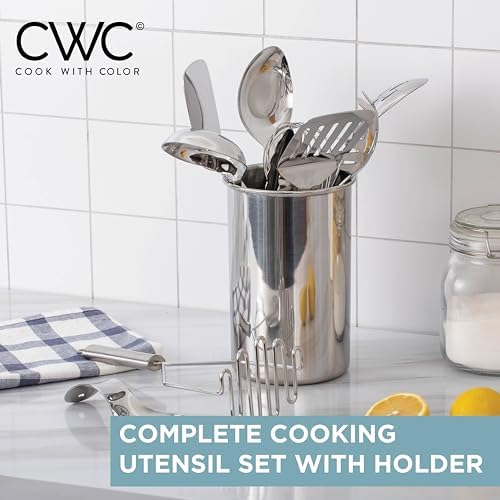 COOK WITH COLOR Kitchen Utensil Set - premium Nonstick & Heat Resistant Kitchen Gadgets, Turner, Spaghetti Server, Serving Spoons, Whisk, Tongs, Masher & Utensil Holder, 10-piece Stainless Steel