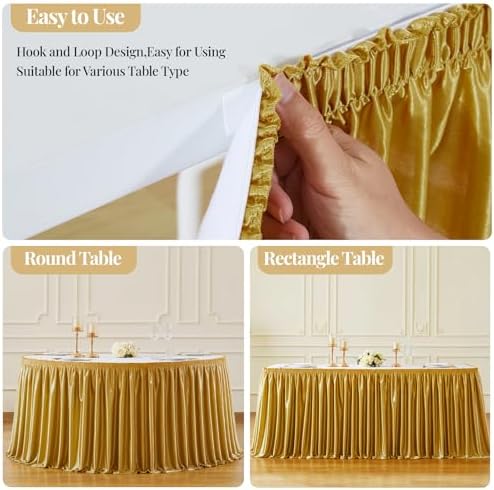 Wish Care 21ft Gold Satin Table Skirt for Rectangle Tables Wrinkle Free Teacher Desk Skirt Glitter Ruffle Table Skirting Cloth for Back to School Classroom Office Cocktail Birthday Party Table Decor