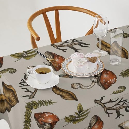 Vintage Woodland Mushroom Tablecloth, Nature Forest Plants Botanical Ferns Print Table Cloth for Farmhouse Kitchen Party Picnic Dinner Decor 55x55in