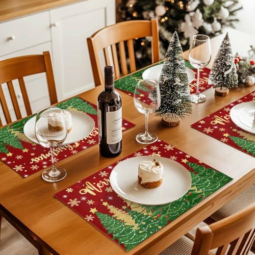 Christmas Placemats Set of 4, Merry Christmas Heat Resistant Washable Dining Table Mats Xmas Holiday Farmhouse Decor for Kitchen&Linens Outdoor Indoor, Gold Star Xmas Tree Snowflakes