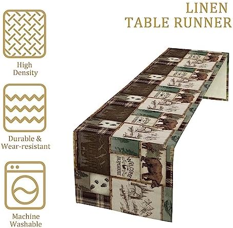 Rustic Cabin Bear Table Runner, Vintage Cottage Country Style Pine Tree Elk Wildlife Dinner Runner for Home Kitchen Dining Table Decoration 13"x108"