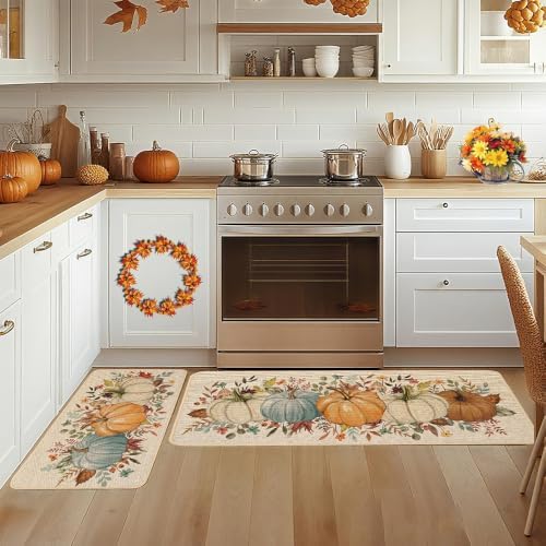 Baccessor Fall Pumpkin Kitchen Rug Autumn Set of 2,17x29 and 17x47 Inch