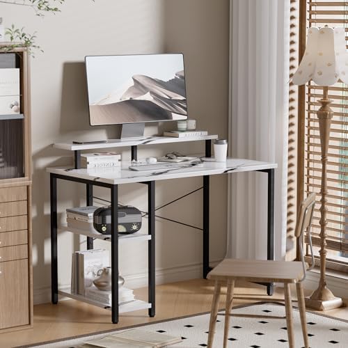 Pamray 33.5 Inch Small Computer Desk with Monitor Stand and Shelves