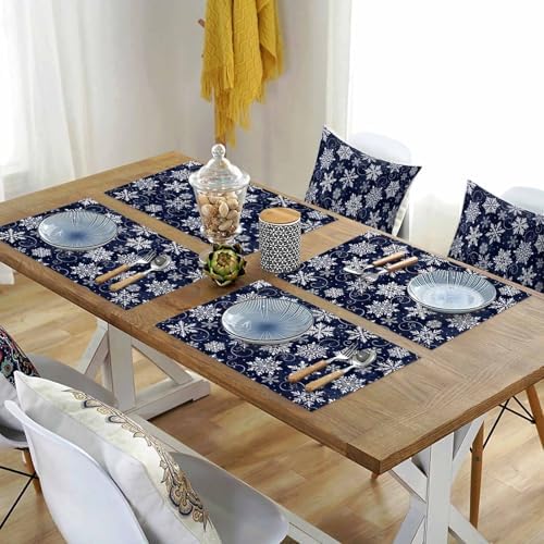 Christmas Placemats Set of 6, White Navy Snowflakes Pattern Heat Resistant Washable Table Place Mats Winter Cotton Table Linens Party Holiday Decor for Kitchen Dining Outdoor Indoor