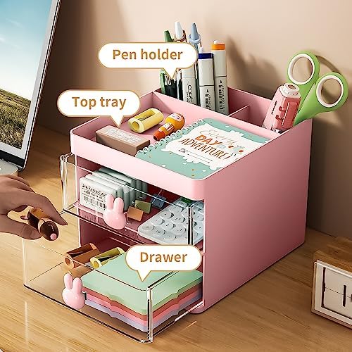 Marbrasse Small Desk Organizer with Drawer, Multi-Functional Pen Pencil Holder Storage Box, Desk Organizers and Accessories with 3 Compartments + 2 Drawer for Office Art Supplies(Pink)