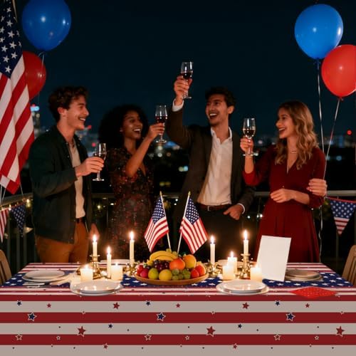 CXPSINC 54 Inch X 300 Feet 4th of July Patriotic Plastic Table Cover Roll Disposable American Flag Tablecloth with Slide Cutter for Veterans Day, Patriotic, Memorial, Fourth of July, Independence